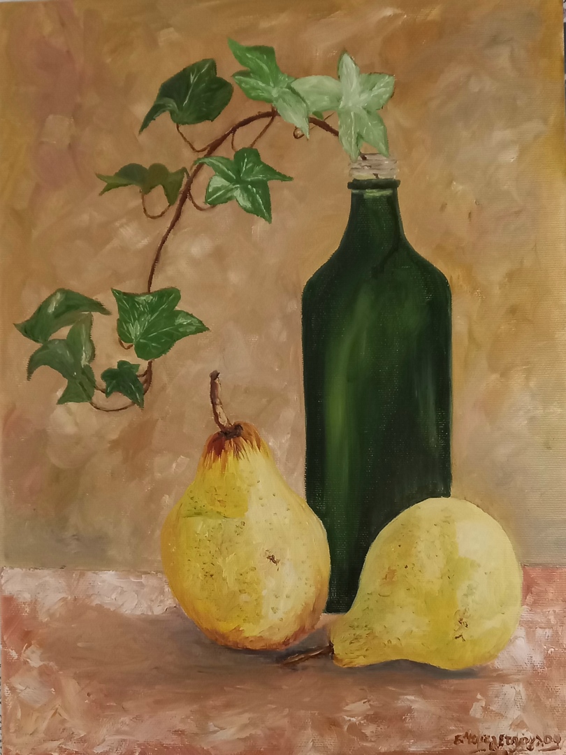 Bottle with ivy and pears
